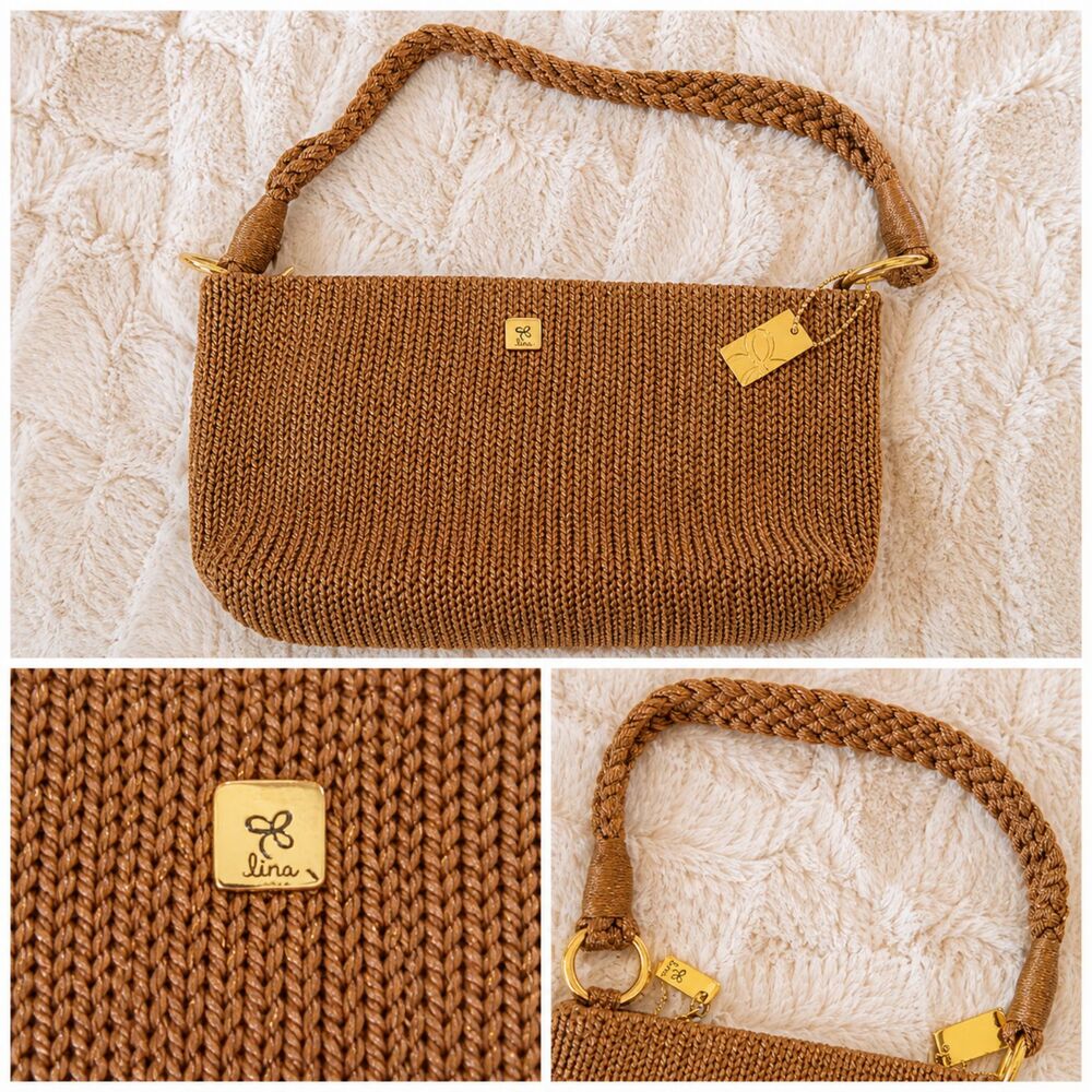 Lina Crochet Mini Bag Brown Gold Metallic Braided Shoulder Strap Boho Luxe